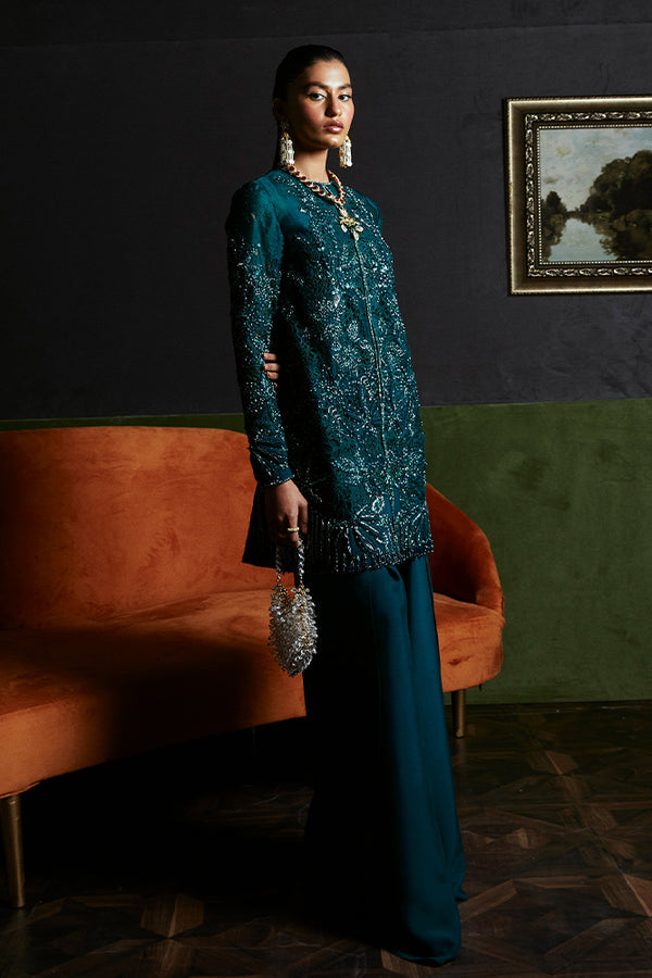 Suffuse Jasmine teal green organza cutwork jacket and flared pants, photo 2