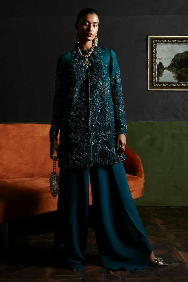 Suffuse Jasmine teal green organza cutwork jacket and flared pants, photo 3