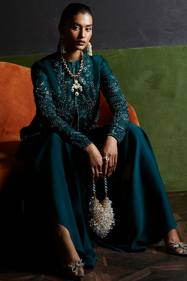 Suffuse Jasmine teal green organza cutwork jacket and flared pants, photo 4