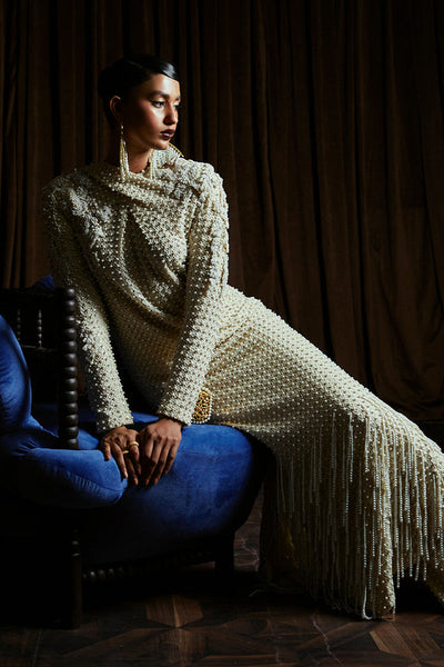Suffuse Opal pale yellow pearl embellished shirt and pants, photo 3