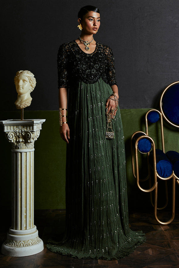 Suffuse Freya black and olive green embellished dress with pants