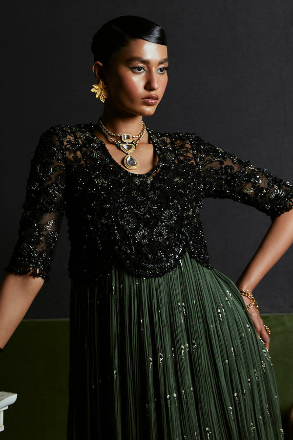 Suffuse Freya black and olive green embellished dress with pants, photo 5