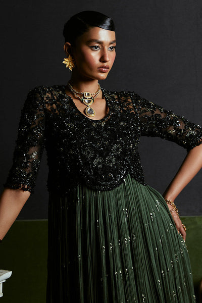 Suffuse Freya black and olive green embellished dress with pants, photo 5