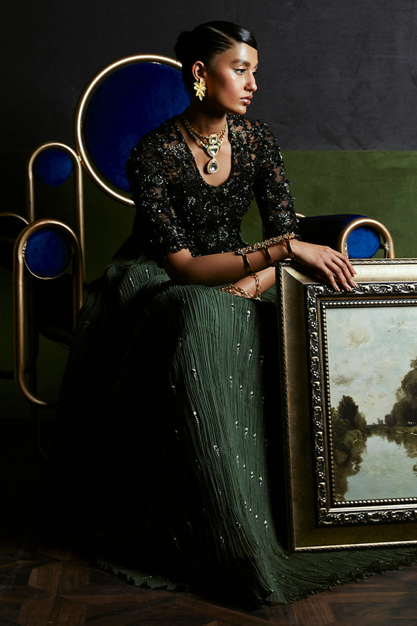 Suffuse Freya black and olive green embellished dress with pants, photo 3