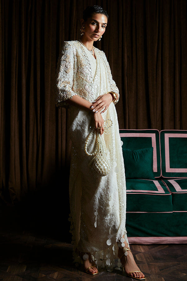Suffuse Serena cream organza crop jacket with layered drape