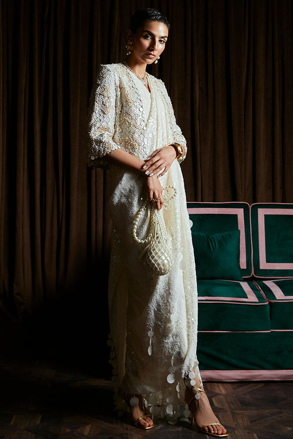 Suffuse Serena cream organza crop jacket with layered drape