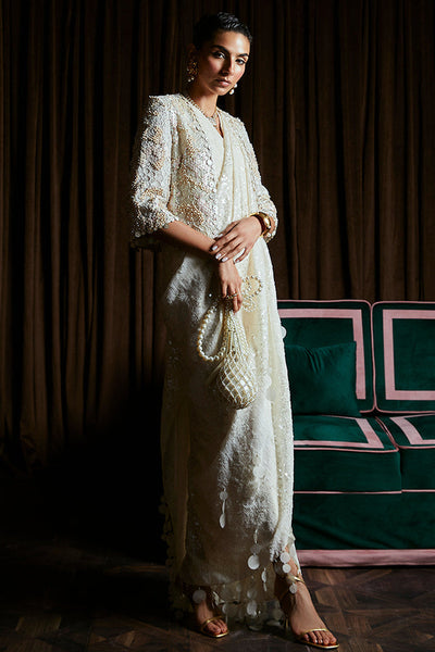 Suffuse Serena cream organza crop jacket with layered drape