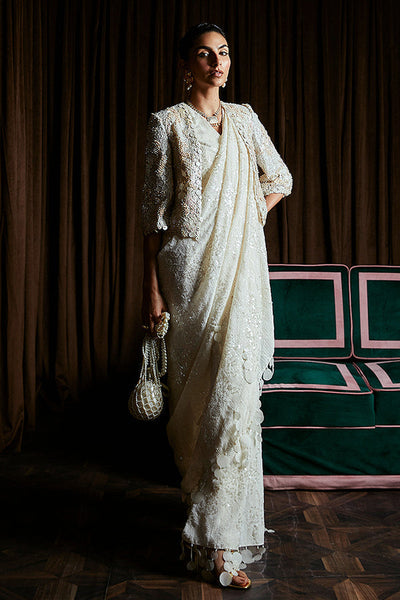 Suffuse Serena cream organza crop jacket with layered drape, photo 3