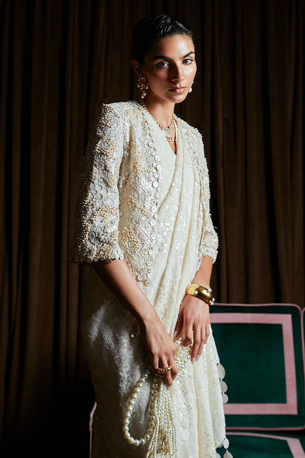 Suffuse Serena cream organza crop jacket with layered drape, photo 4