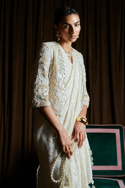 Suffuse Serena cream organza crop jacket with layered drape, photo 4