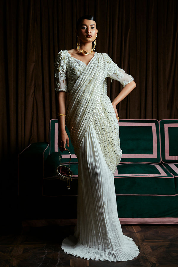 Suffuse Ivy pearl white embellished saree