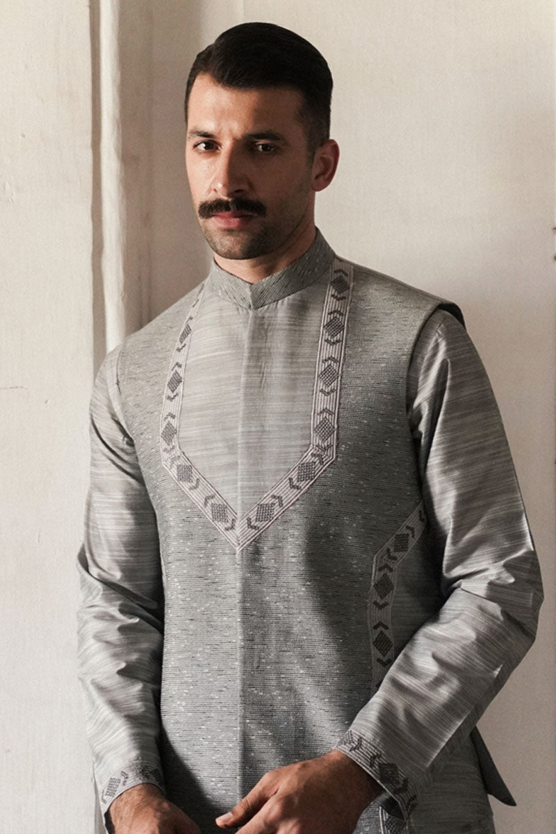 Republic By Omar Farooq | Luxury Rtw | Pastel Blue Waistcoat -  Eastern Luxury RTW - Original Designer Dress - House of Maryam