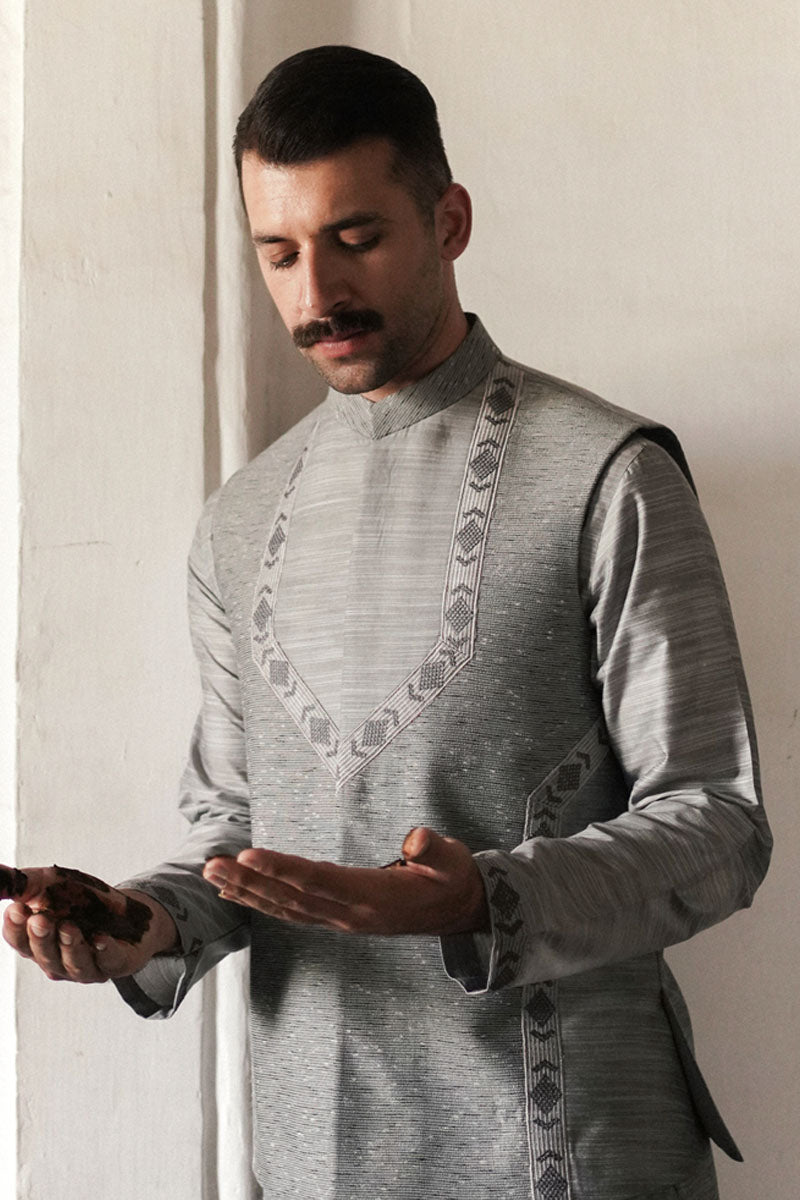 Republic By Omar Farooq | Luxury Rtw | Pastel Blue Waistcoat -  Eastern Luxury RTW - Original Designer Dress - House of Maryam