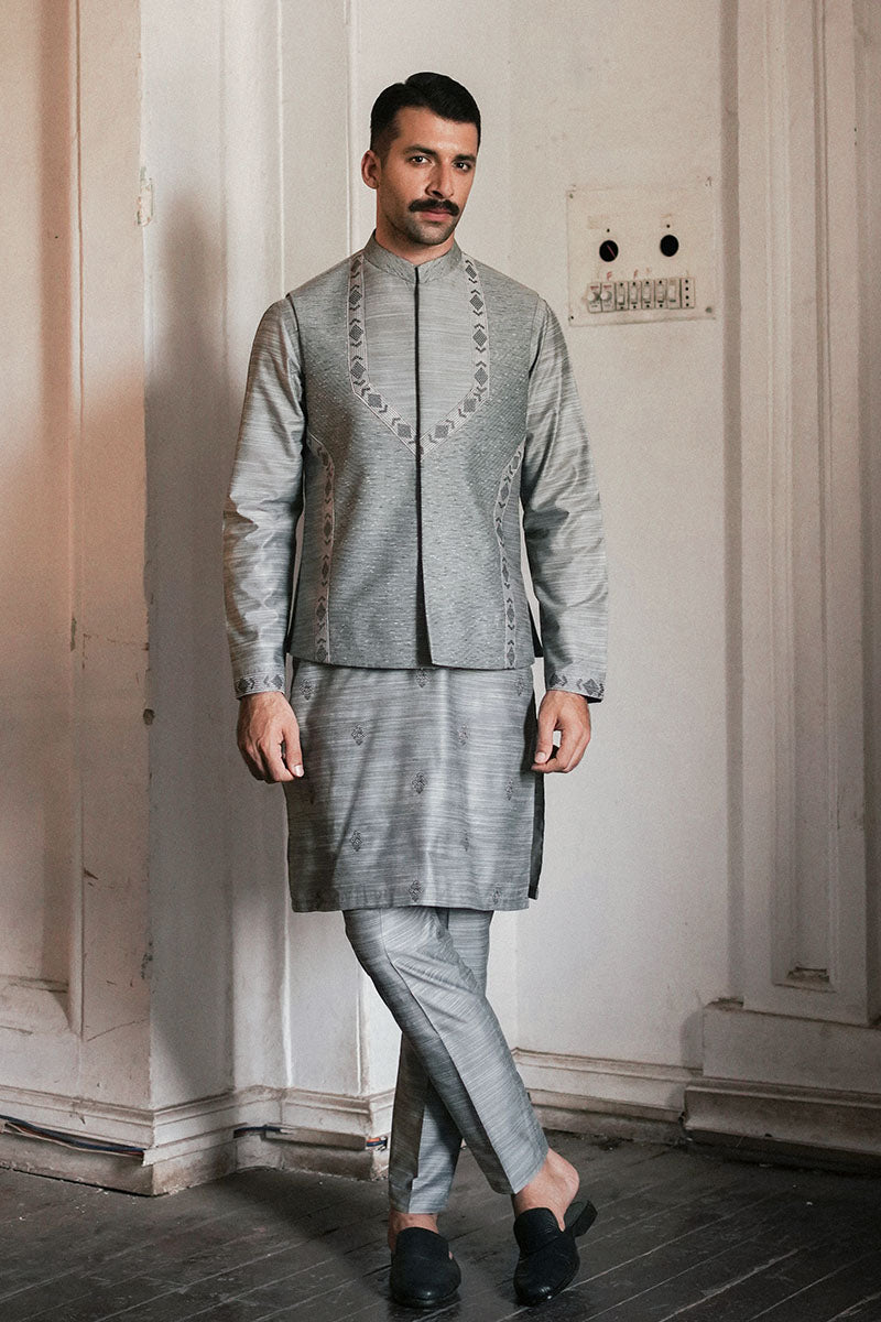 Republic By Omar Farooq | Luxury Rtw | Pastel Blue Waistcoat -  Eastern Luxury RTW - Original Designer Dress - House of Maryam