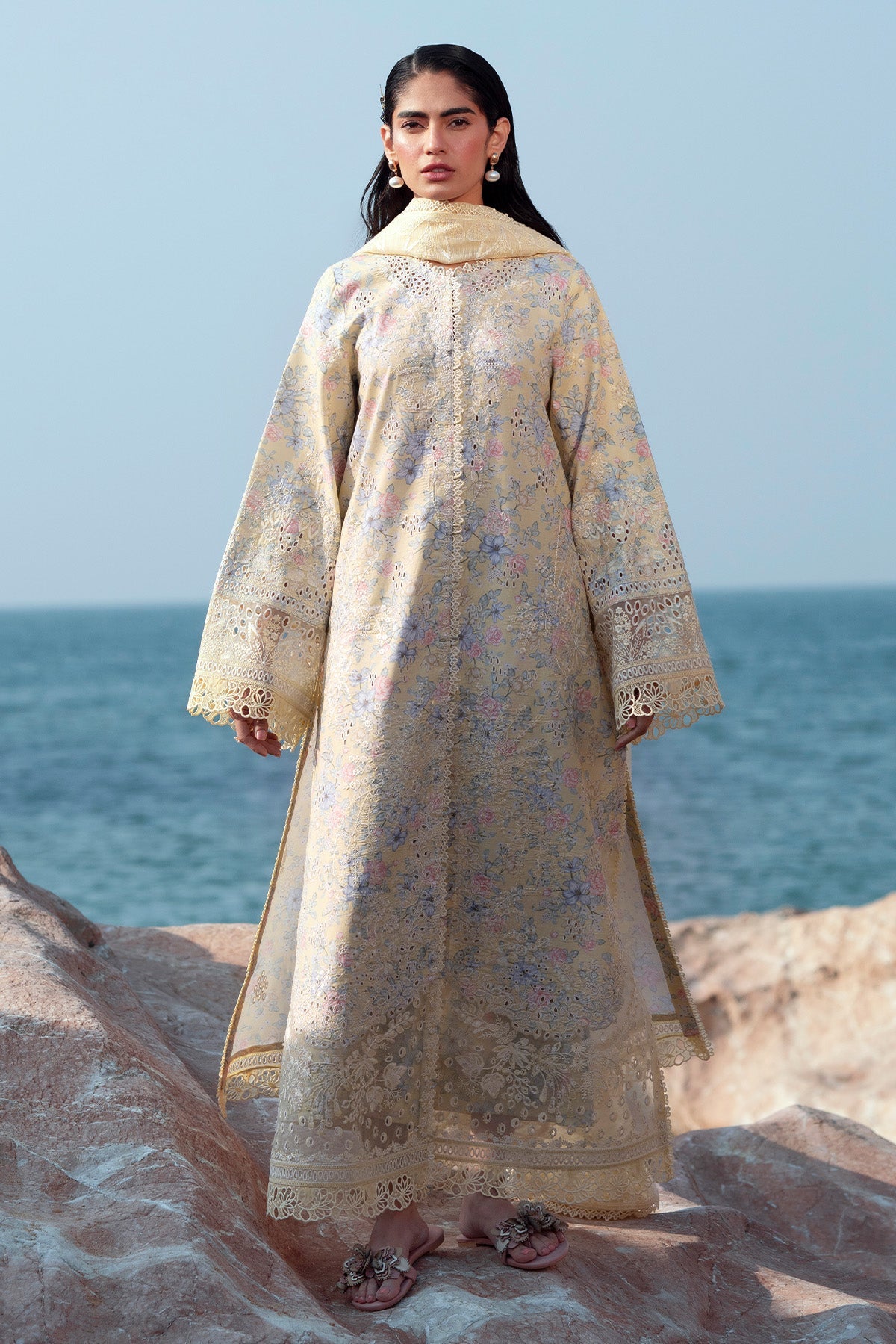 Afrozeh Baroque lemon embroidered lawn suit