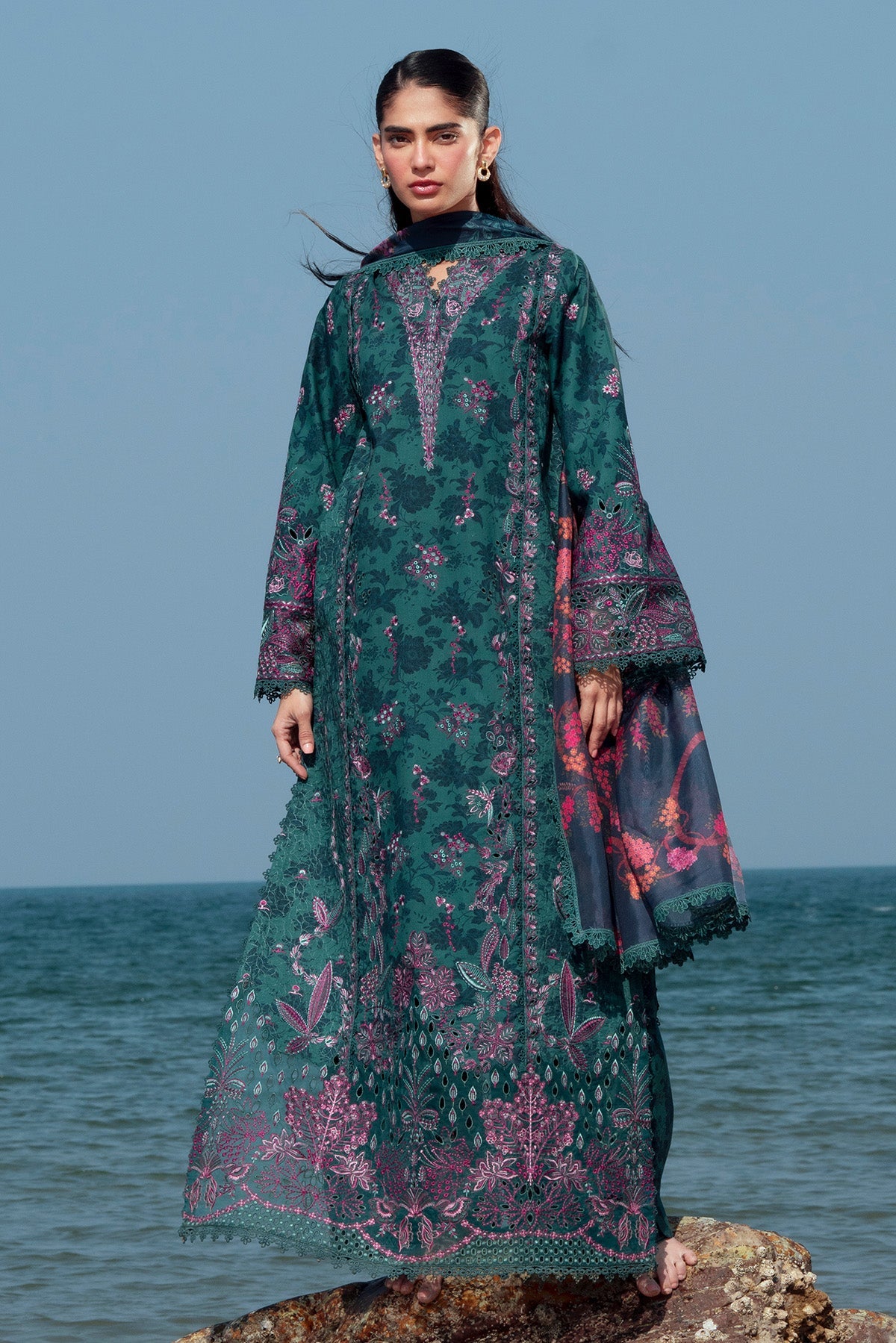 Afrozeh Emerald green embroidered lawn suit