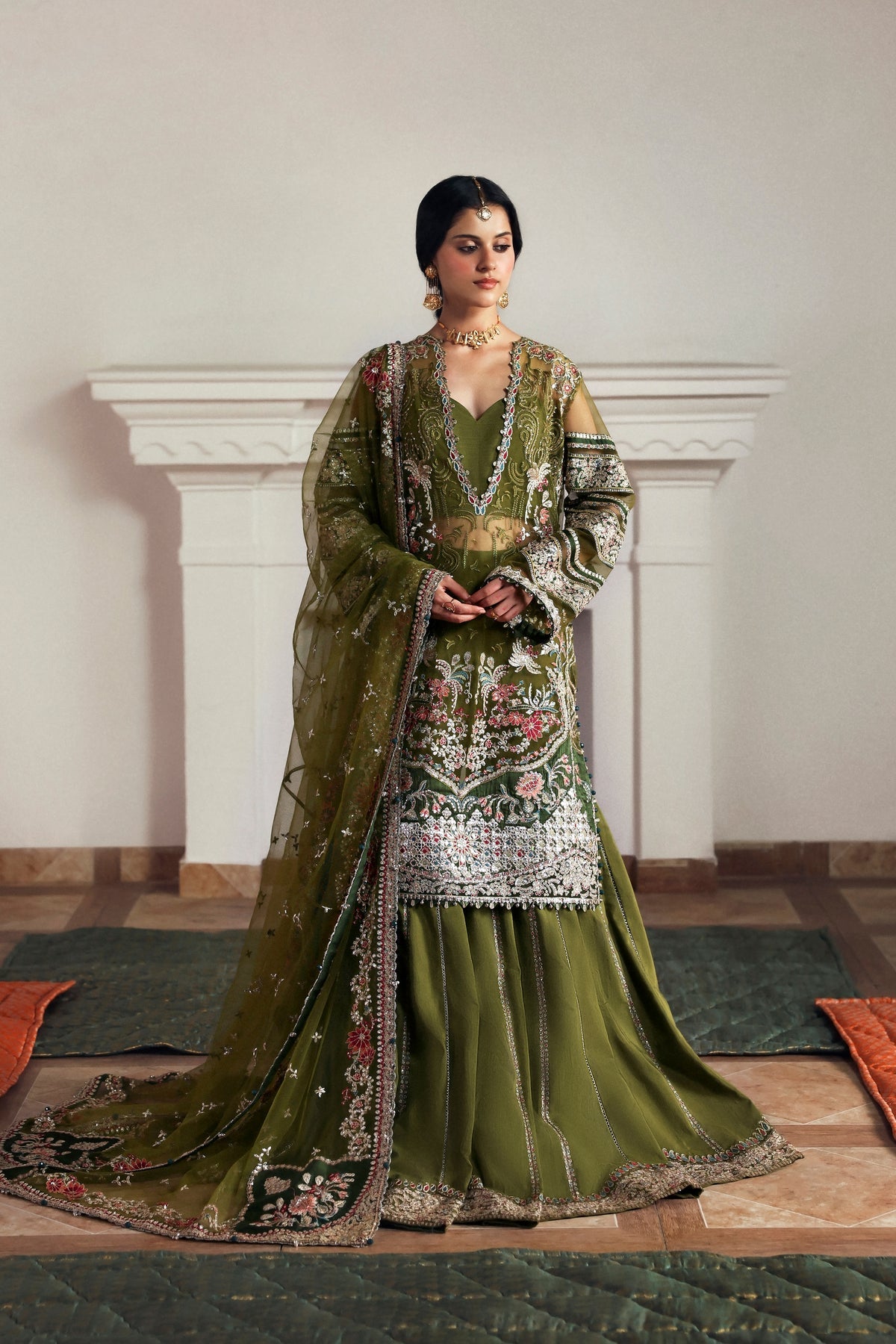 Afrozeh Zoon olive green formal shirt and sharara