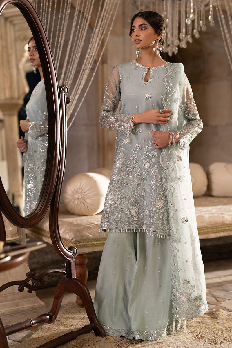 Cross Stitch | Wedding Pret | Aqua Sparkle-3PC Organza Embroidered Pret
