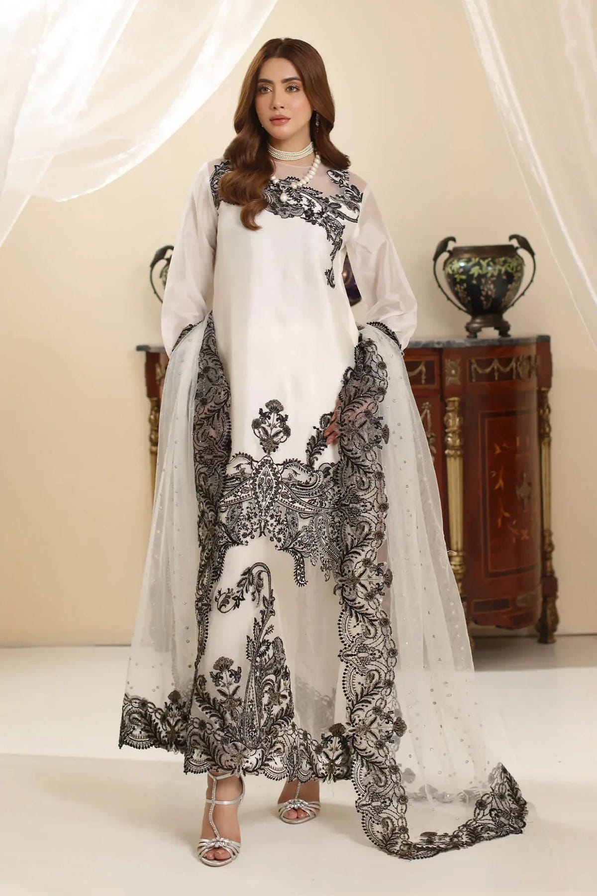 Whisper Noir-Brand:Musferah Saad-Type:Ladies Clothes-White-Tissue Silk-House of Maryam- Buy in UK, USA