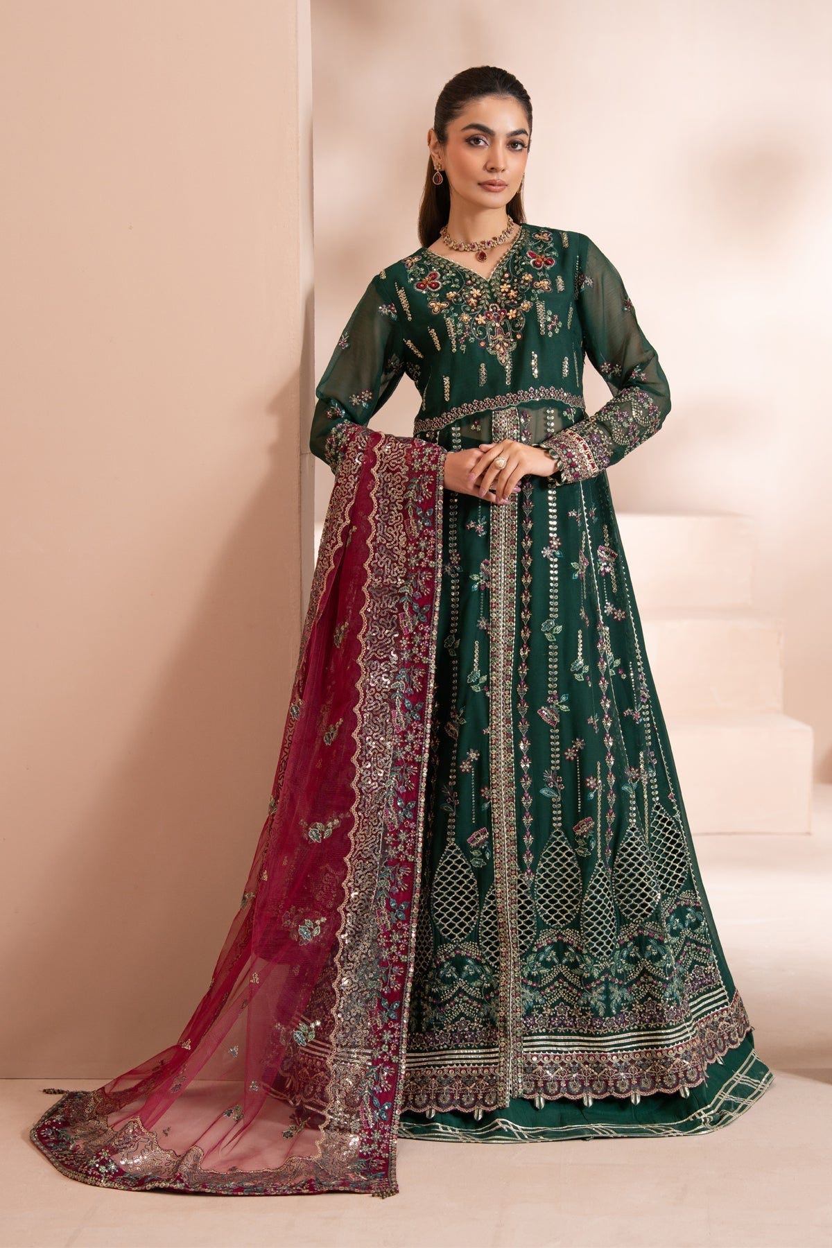 Xenia Formals | Zaeva Formals | LAZEH-Brand:Xenia Formals-Type:Ladies Clothes-Bottle Green-Chiffon-House of Maryam- Buy in UK, USA