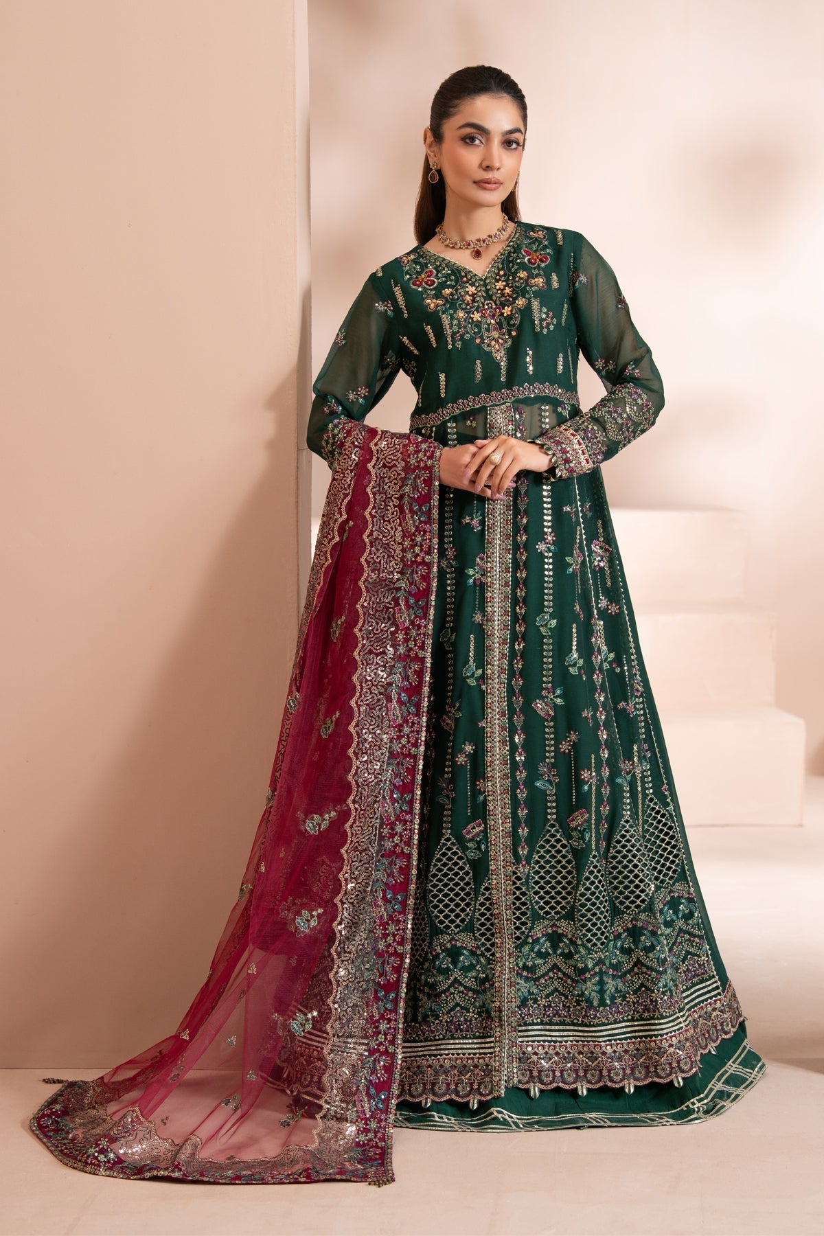 Xenia Formals | Zaeva Formals | LAZEH-Brand:Xenia Formals-Type:Ladies Clothes-Bottle Green-Chiffon-House of Maryam- Buy in UK, USA