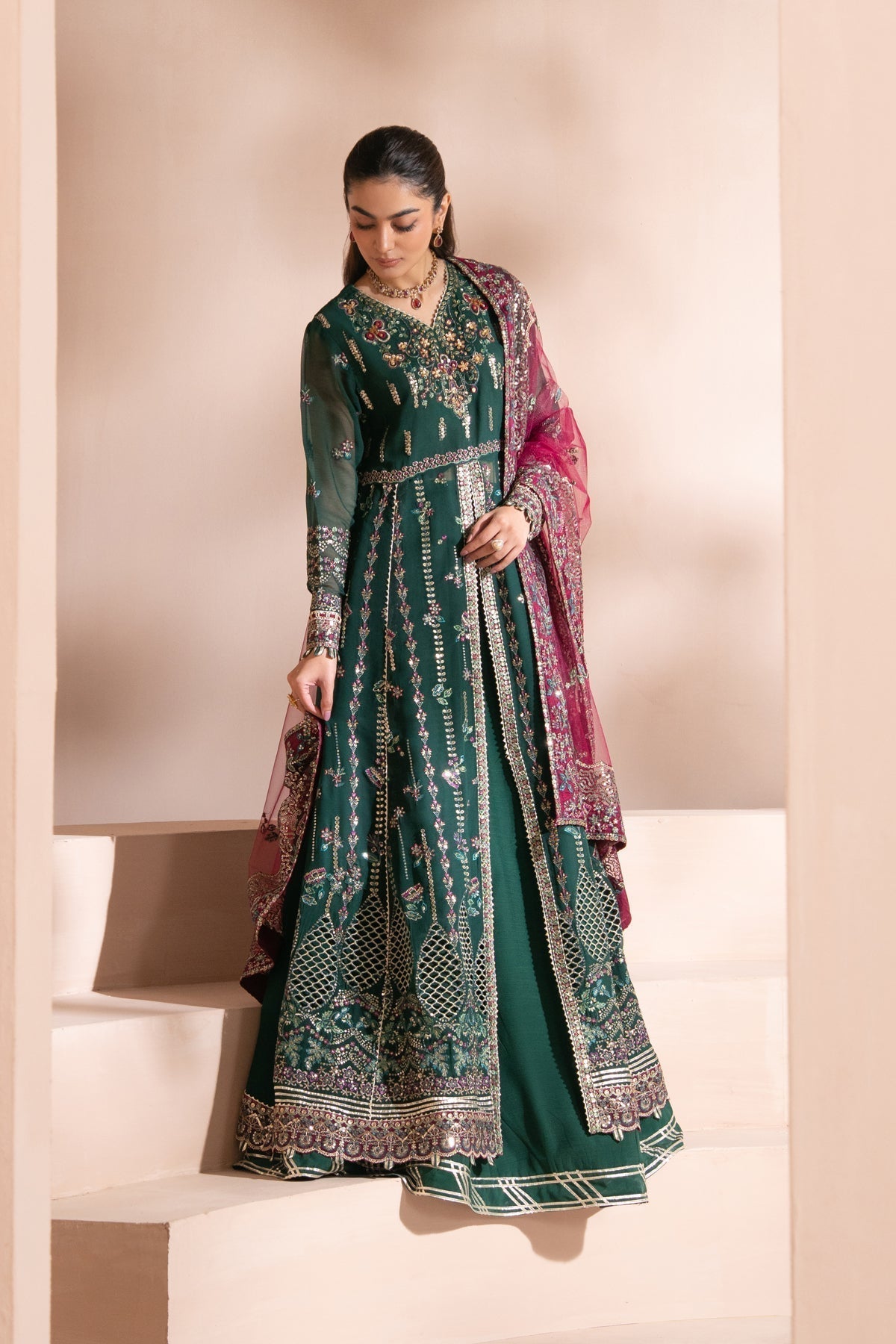 Xenia Formals | Zaeva Formals | LAZEH-Brand:Xenia Formals-Type:Ladies Clothes-Bottle Green-Chiffon-House of Maryam- Buy in UK, USA