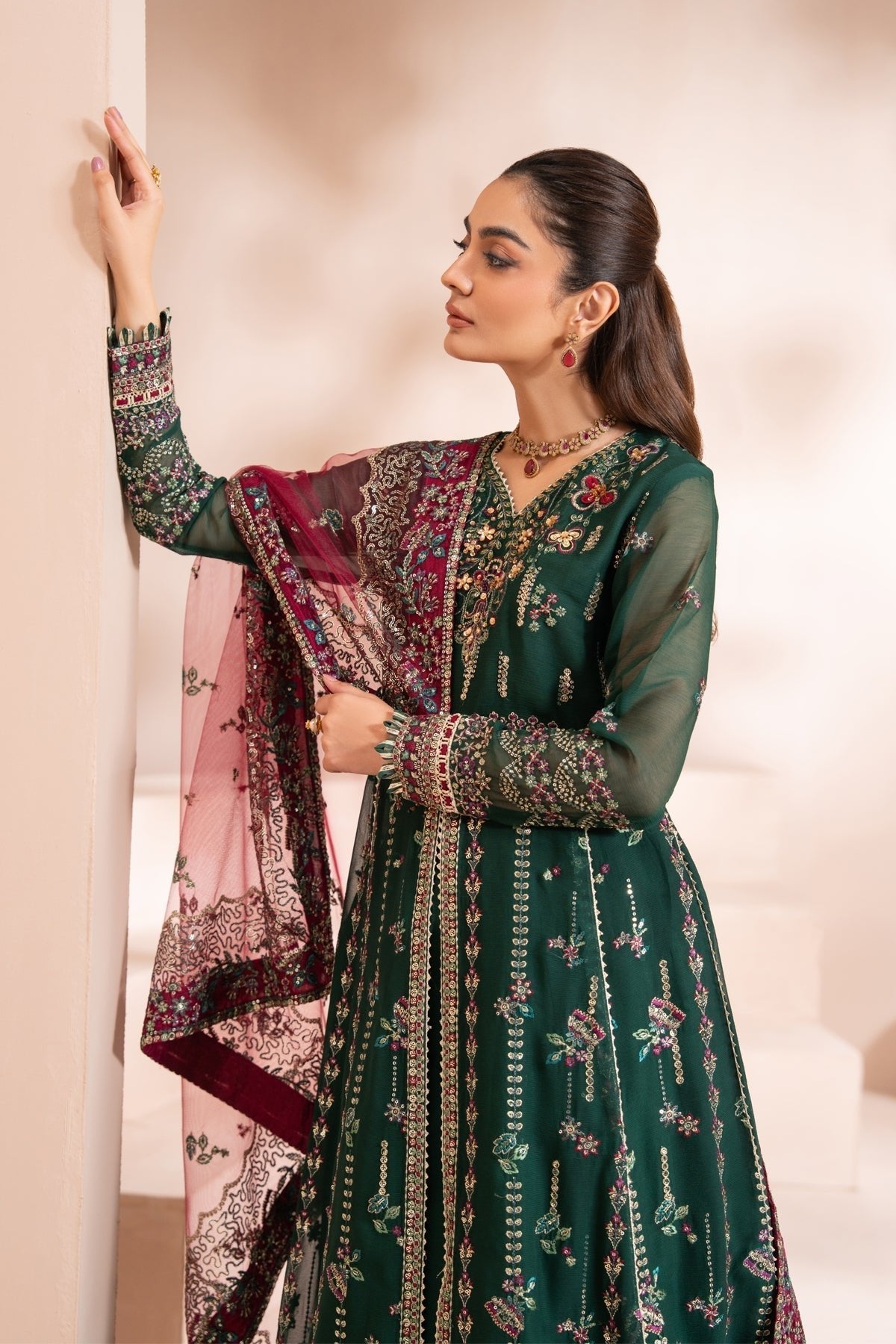 Xenia Formals | Zaeva Formals | LAZEH-Brand:Xenia Formals-Type:Ladies Clothes-Bottle Green-Chiffon-House of Maryam- Buy in UK, USA