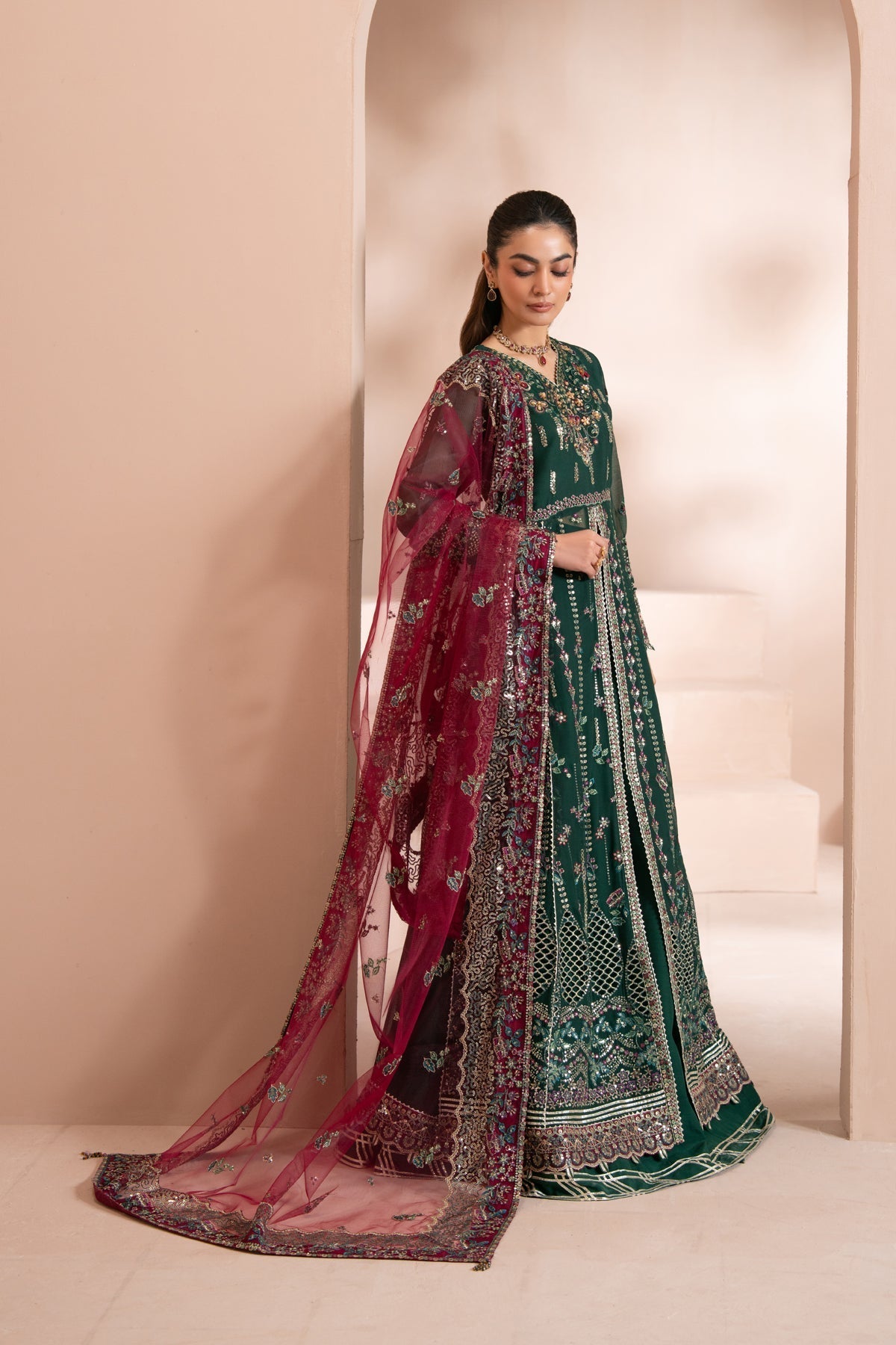 Xenia Formals | Zaeva Formals | LAZEH-Brand:Xenia Formals-Type:Ladies Clothes-Bottle Green-Chiffon-House of Maryam- Buy in UK, USA