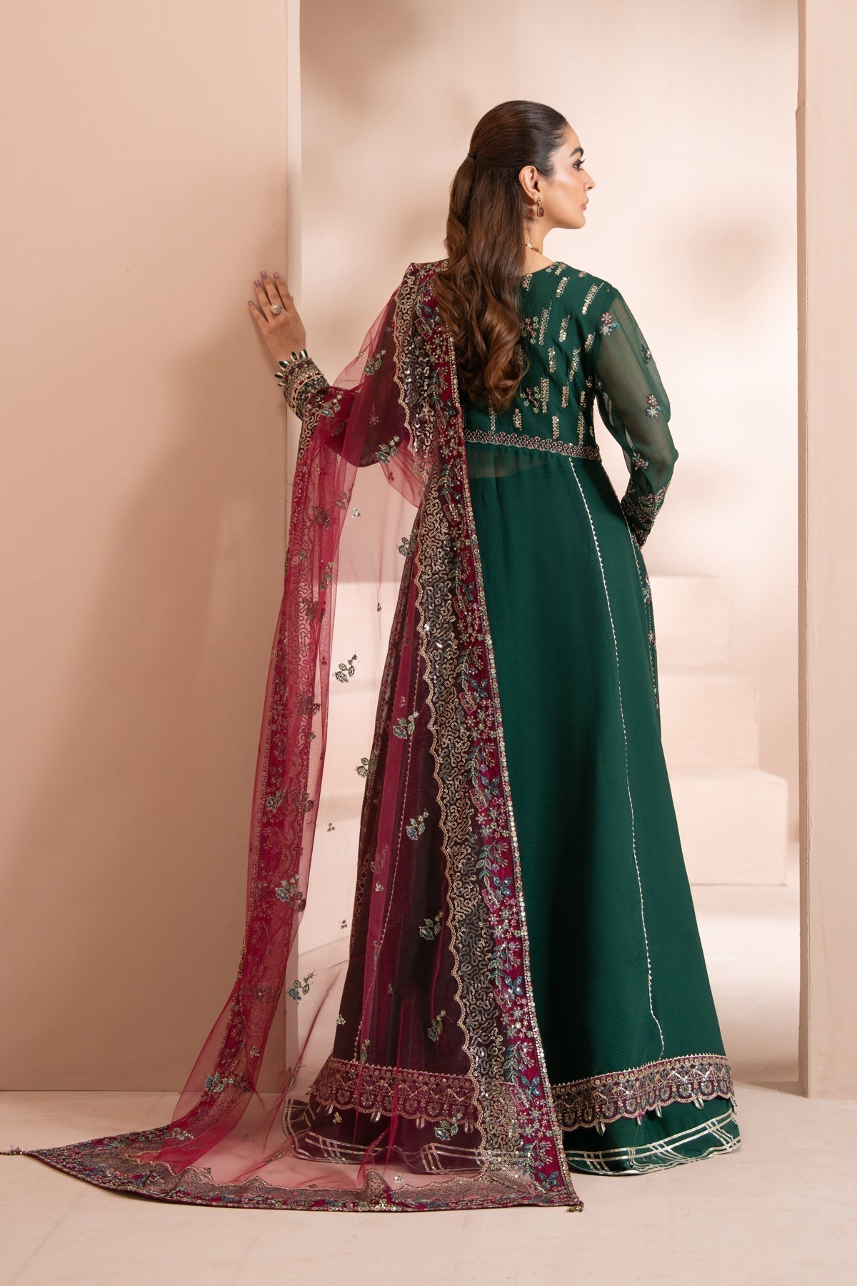 Xenia Formals | Zaeva Formals | LAZEH-Brand:Xenia Formals-Type:Ladies Clothes-Bottle Green-Chiffon-House of Maryam- Buy in UK, USA