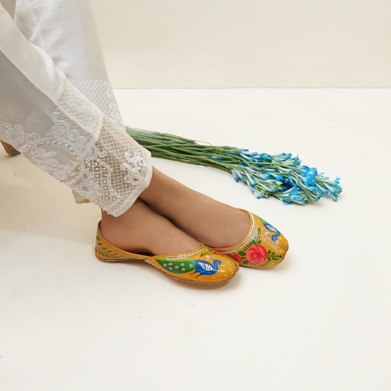 Hand Painted Mor Bagh Khussa (Mustard) by House of Maryam - House of Maryam