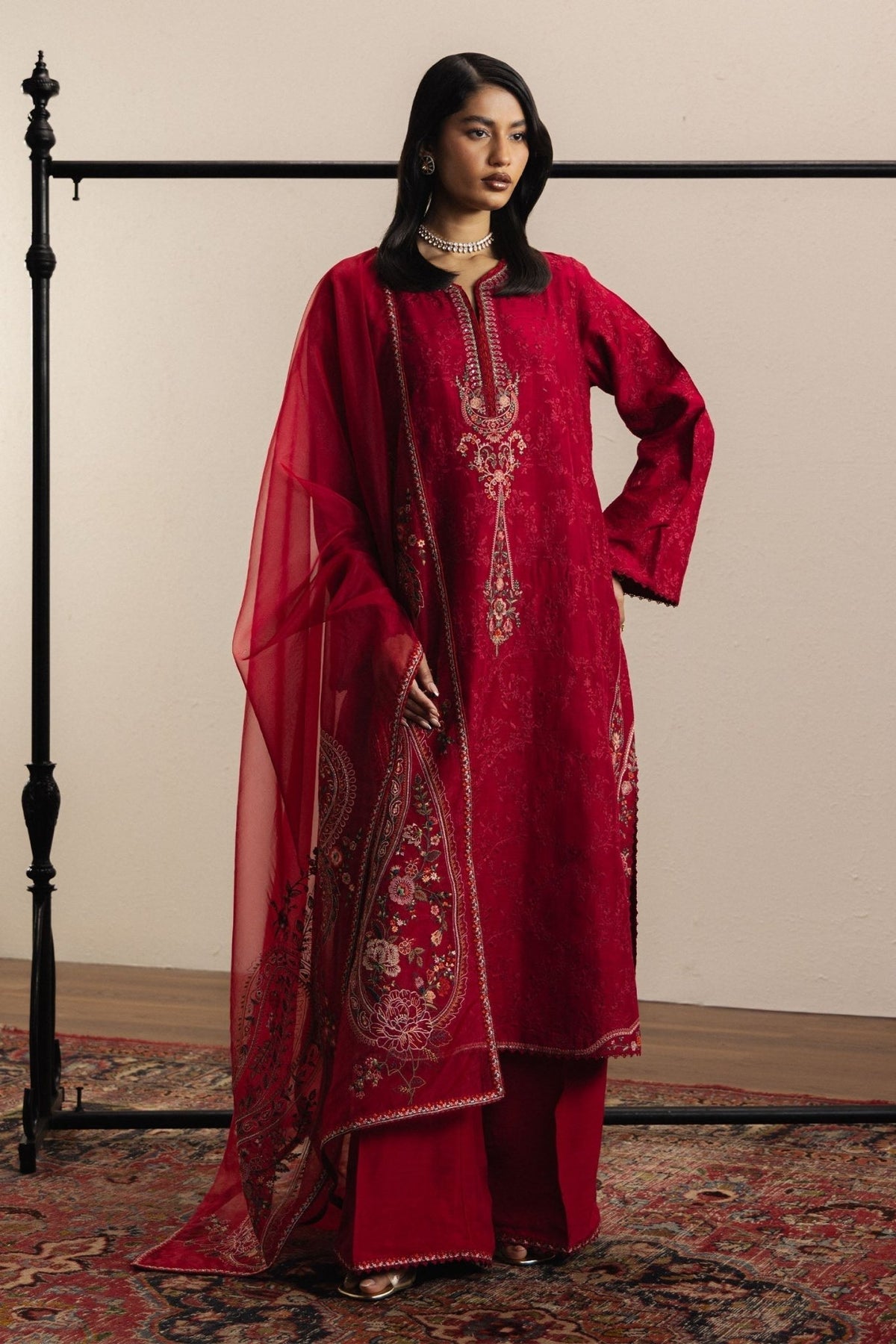 Zara Shahjahan | Eid Festive 26 | Aarzina-Brand:Zara Shahjahan-Type:Ladies Clothes-Red-Medium Raw Silk-House of Maryam- Buy in UK, USA