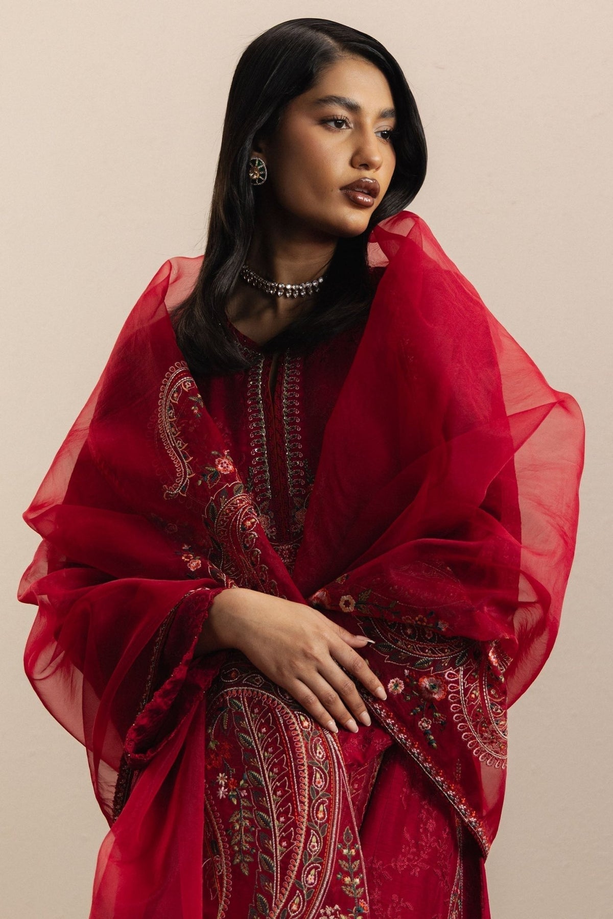 Zara Shahjahan | Eid Festive 26 | Aarzina-Brand:Zara Shahjahan-Type:Ladies Clothes-Red-Medium Raw Silk-House of Maryam- Buy in UK, USA