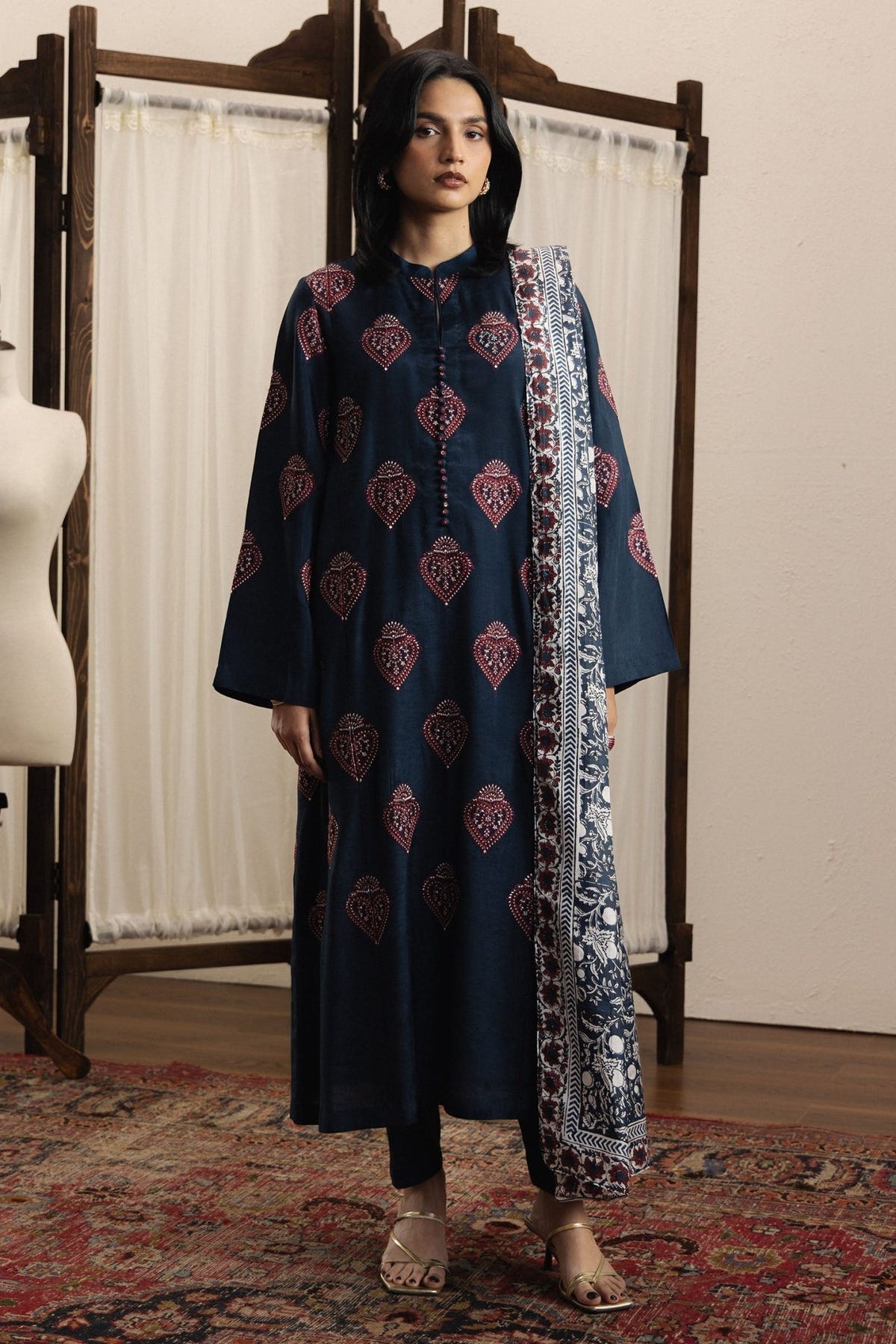 Zara Shahjahan | Eid Festive 26 | Noorbahar-Brand:Zara Shahjahan-Type:Ladies Clothes-Dark Navy Blue-Silk Karandi-House of Maryam- Buy in UK, USA