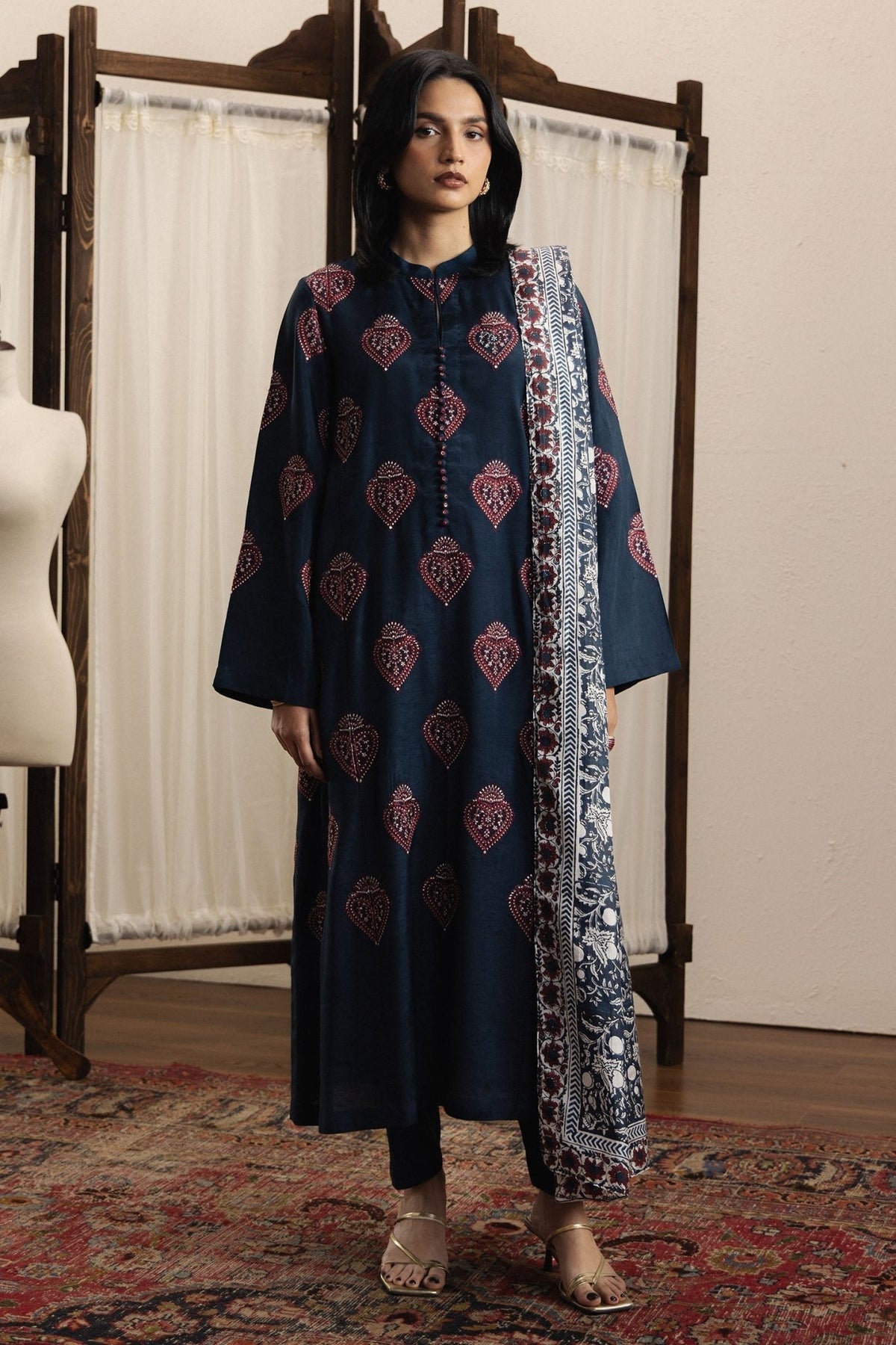 Zara Shahjahan | Eid Festive 26 | Noorbahar-Brand:Zara Shahjahan-Type:Ladies Clothes-Dark Navy Blue-Silk Karandi-House of Maryam- Buy in UK, USA