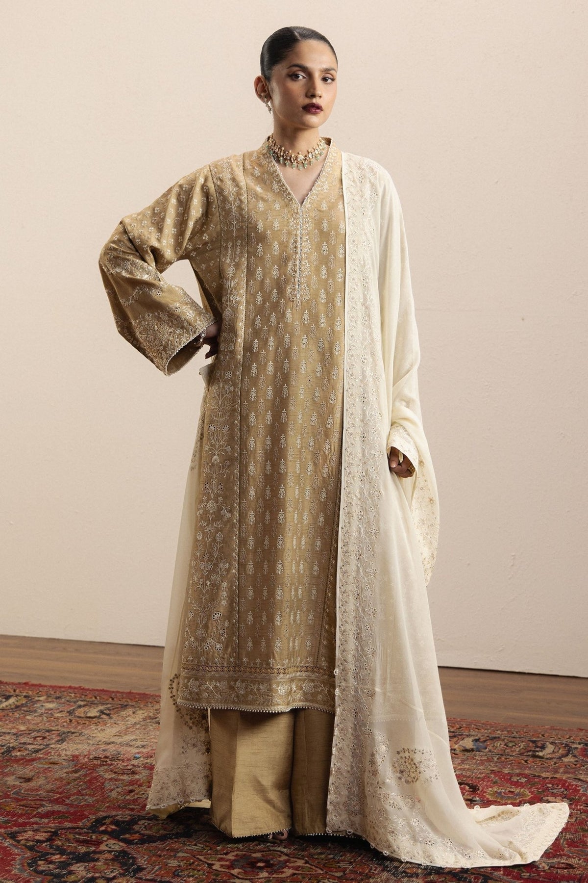 Zara Shahjahan | Eid Festive 26 | Zarreen-Brand:Zara Shahjahan-Type:Ladies Clothes-Coral Gold-Medium Raw Silk-House of Maryam- Buy in UK, USA