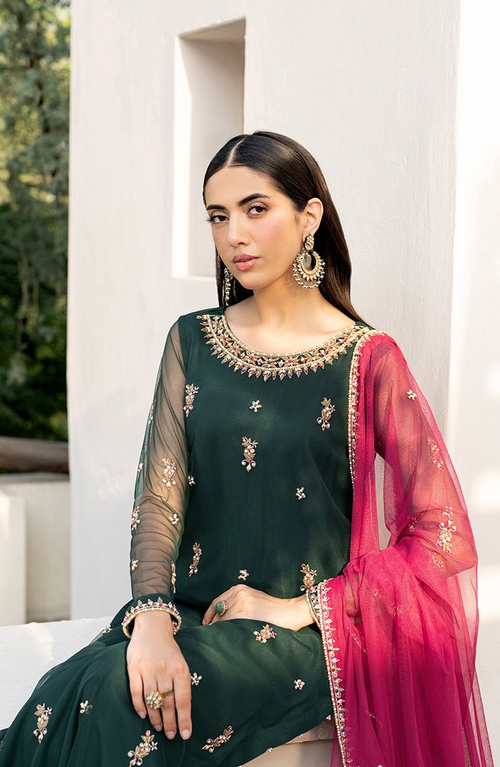 Zarif | Arzou Luxe | RAYA-Brand:Zarif-Type:Ladies Clothes-Net-Dark Green-House of Maryam- Buy in UK, USA