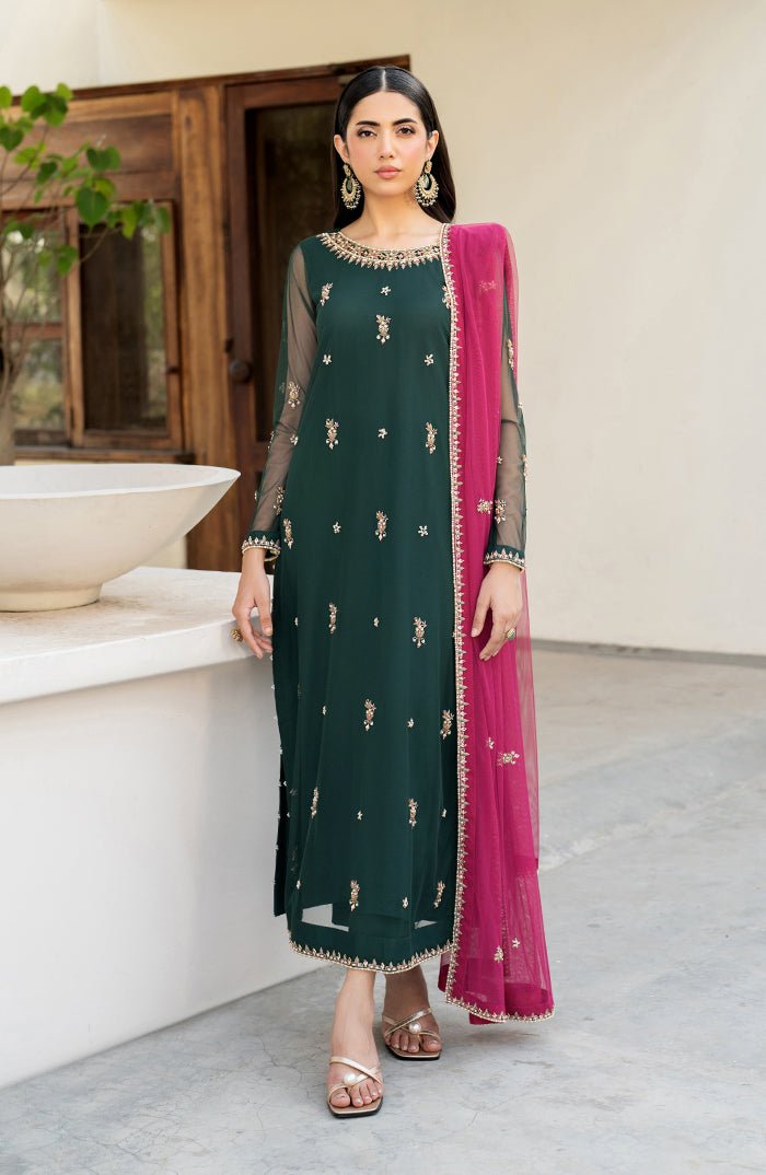 Zarif | Arzou Luxe | RAYA-Brand:Zarif-Type:Ladies Clothes-Net-Dark Green-House of Maryam- Buy in UK, USA