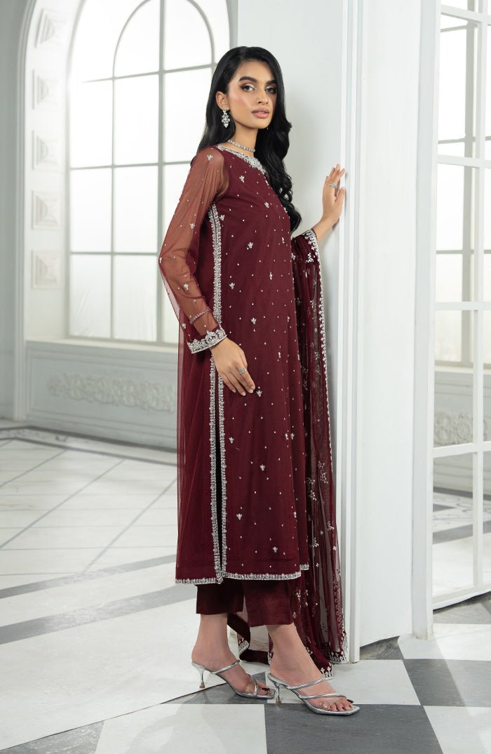 Zarif | Arzou Luxe | SOLENA-Brand:Zarif-Type:Ladies Clothes-Maroon-Net-House of Maryam- Buy in UK, USA