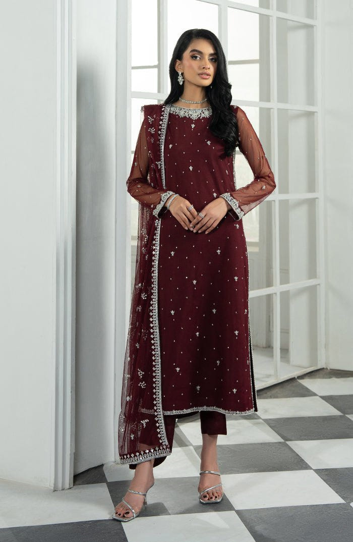 Zarif | Arzou Luxe | SOLENA-Brand:Zarif-Type:Ladies Clothes-Maroon-Net-House of Maryam- Buy in UK, USA