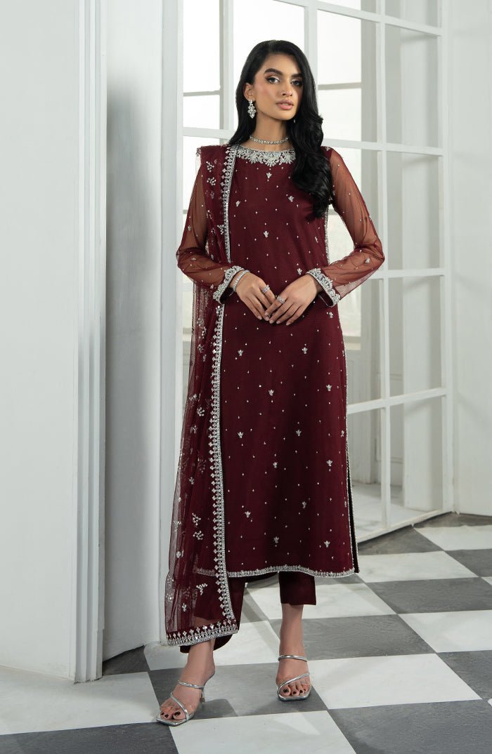 Zarif | Arzou Luxe | SOLENA-Brand:Zarif-Type:Ladies Clothes-Maroon-Net-House of Maryam- Buy in UK, USA