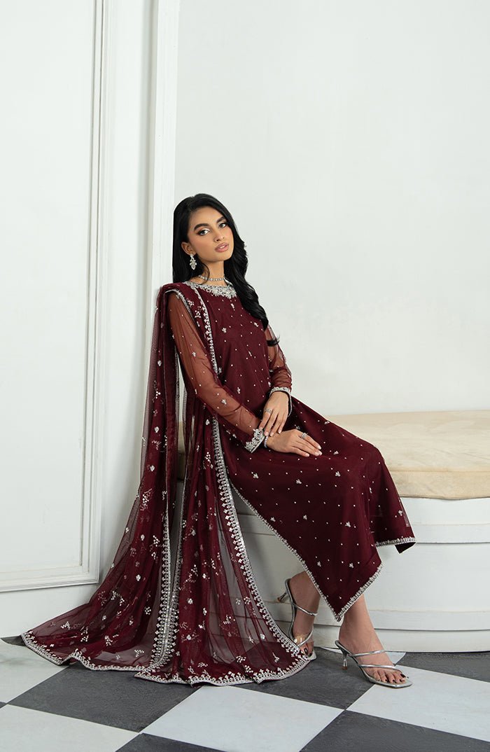 Zarif | Arzou Luxe | SOLENA-Brand:Zarif-Type:Ladies Clothes-Maroon-Net-House of Maryam- Buy in UK, USA