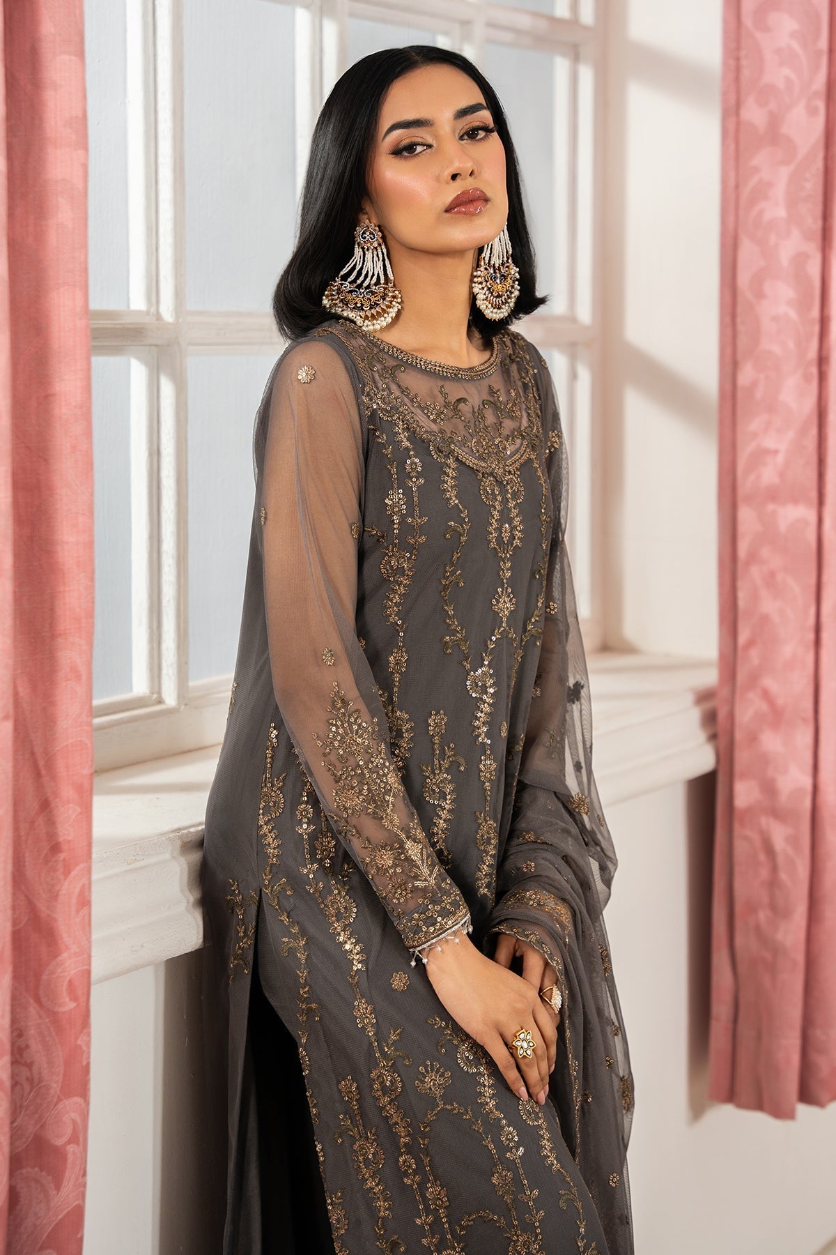Zarif | Heer Formals | Z-04 SORAYA-Brand:Zarif-Type:Ladies Clothes-Gray-Net-House of Maryam- Buy in UK, USA