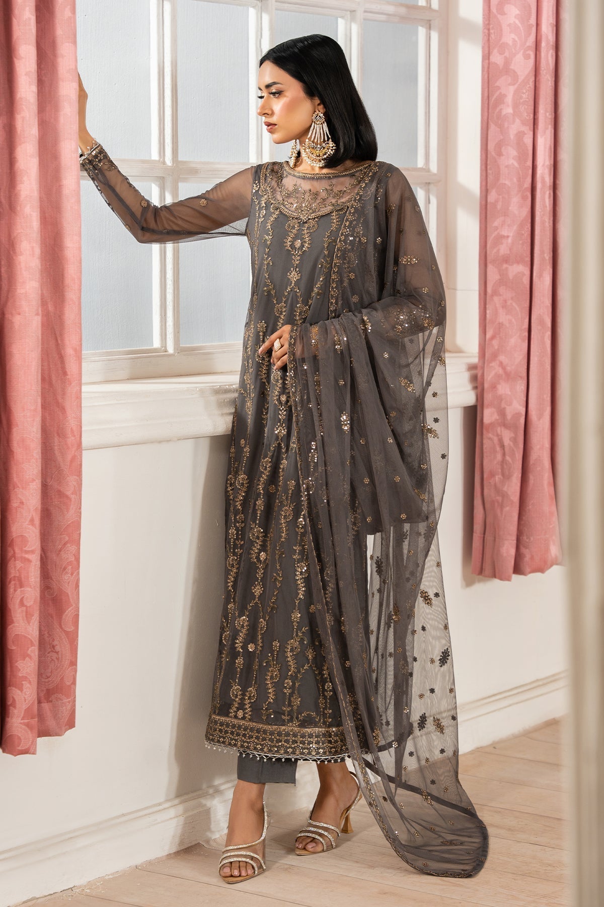 Zarif | Heer Formals | Z-04 SORAYA-Brand:Zarif-Type:Ladies Clothes-Gray-Net-House of Maryam- Buy in UK, USA