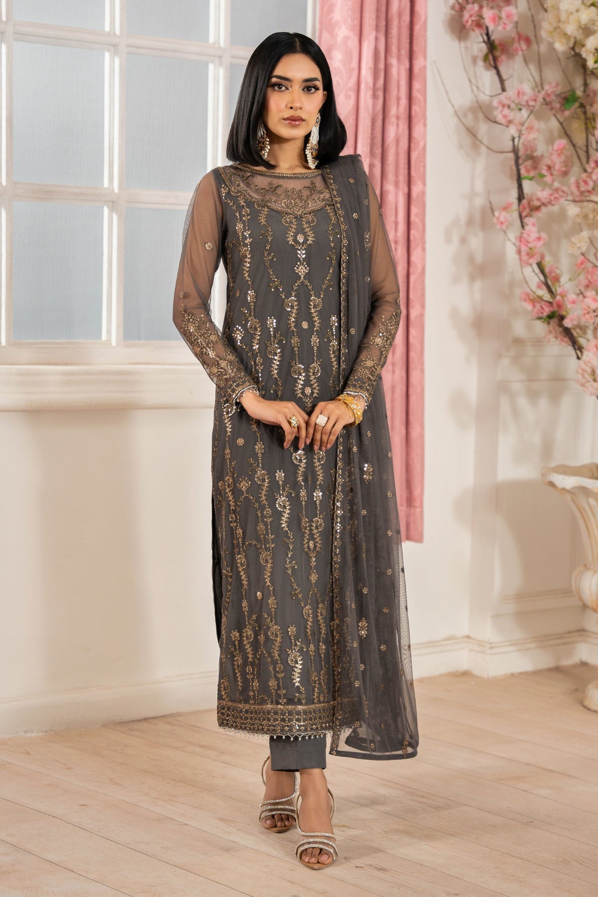 Zarif | Heer Formals | Z-04 SORAYA-Brand:Zarif-Type:Ladies Clothes-Gray-Net-House of Maryam- Buy in UK, USA