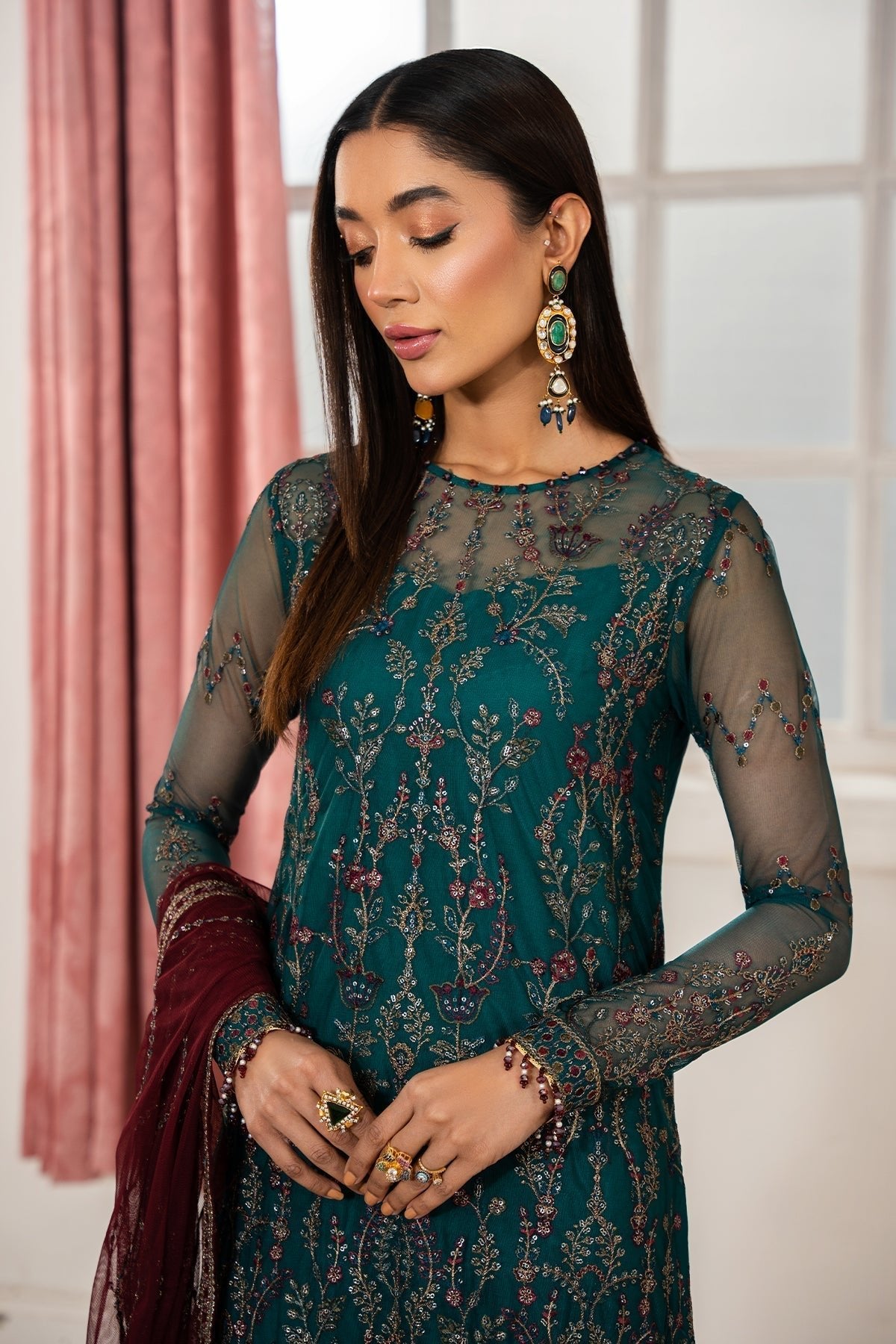 Zarif | Heer Formals | Z-06 NUHA-Brand:Zarif-Type:Ladies Clothes-Dark Teal-Net-House of Maryam- Buy in UK, USA