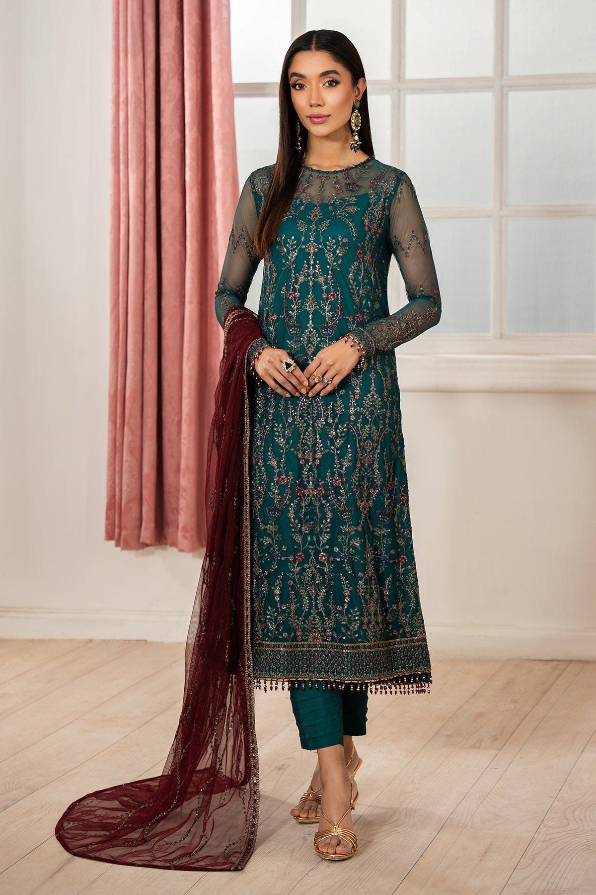 Zarif | Heer Formals | Z-06 NUHA-Brand:Zarif-Type:Ladies Clothes-Dark Teal-Net-House of Maryam- Buy in UK, USA