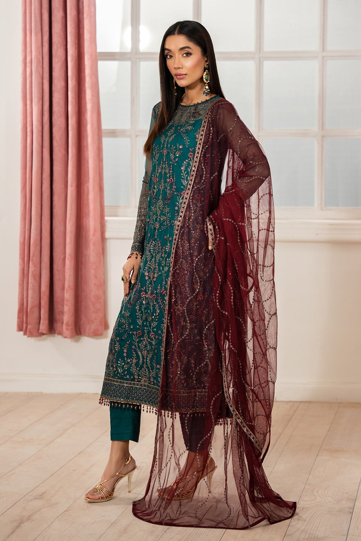 Zarif | Heer Formals | Z-06 NUHA-Brand:Zarif-Type:Ladies Clothes-Dark Teal-Net-House of Maryam- Buy in UK, USA