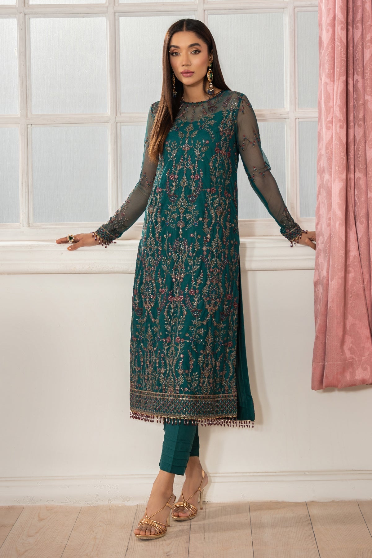 Zarif | Heer Formals | Z-06 NUHA-Brand:Zarif-Type:Ladies Clothes-Dark Teal-Net-House of Maryam- Buy in UK, USA