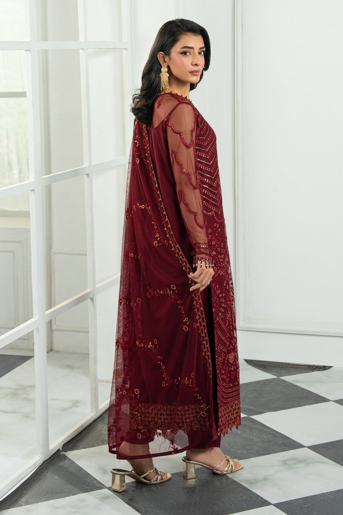 Zarif | Inara Formals | ZRI-08 EYMEN-Brand:Zarif-Type:Ladies Clothes-Maroon-Net-House of Maryam- Buy in UK, USA