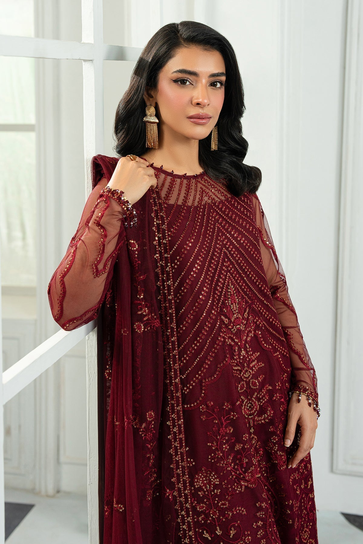 Zarif | Inara Formals | ZRI-08 EYMEN-Brand:Zarif-Type:Ladies Clothes-Maroon-Net-House of Maryam- Buy in UK, USA